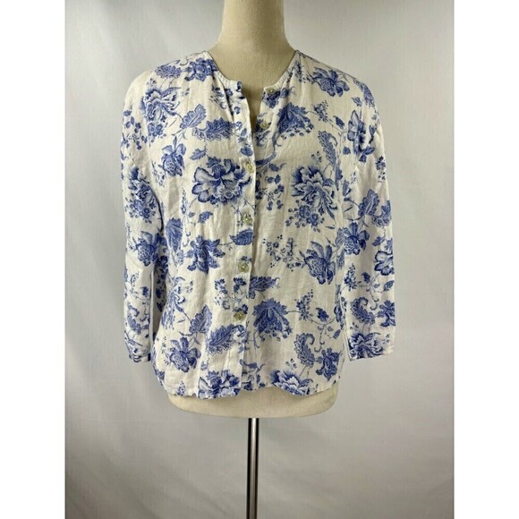 Aegean Linen Jacket Top White Blue Floral Small Breathable - Picture 9 of 9